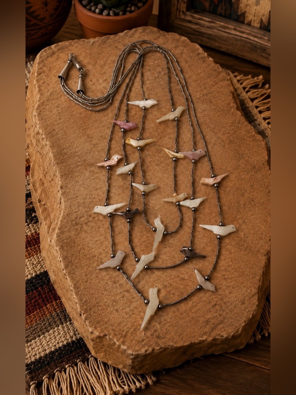 Zuni Sterling Liquid Silver Mother Of Pearl Bird Multi Strand Fetish Necklace